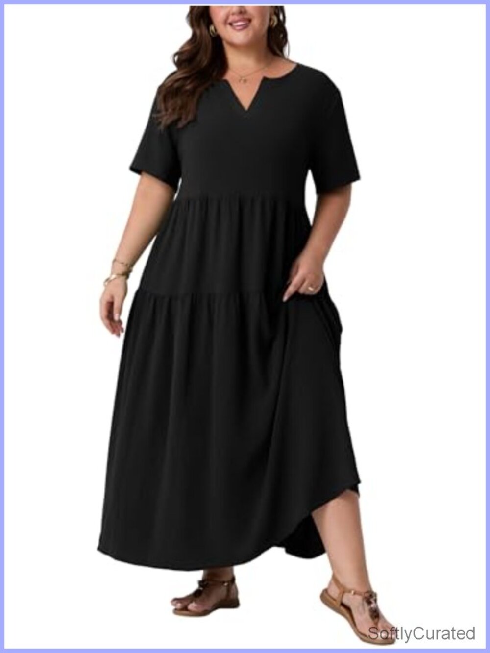 Plus Size Maxi Dress with Pockets - Flowy Boho V-Neck Short Sleeve Summer Dress